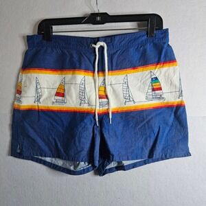 Vintage Hobie Sailboat Board Shorts Mens 34 Blue Rainbow Stripe 80s Surf Trunks